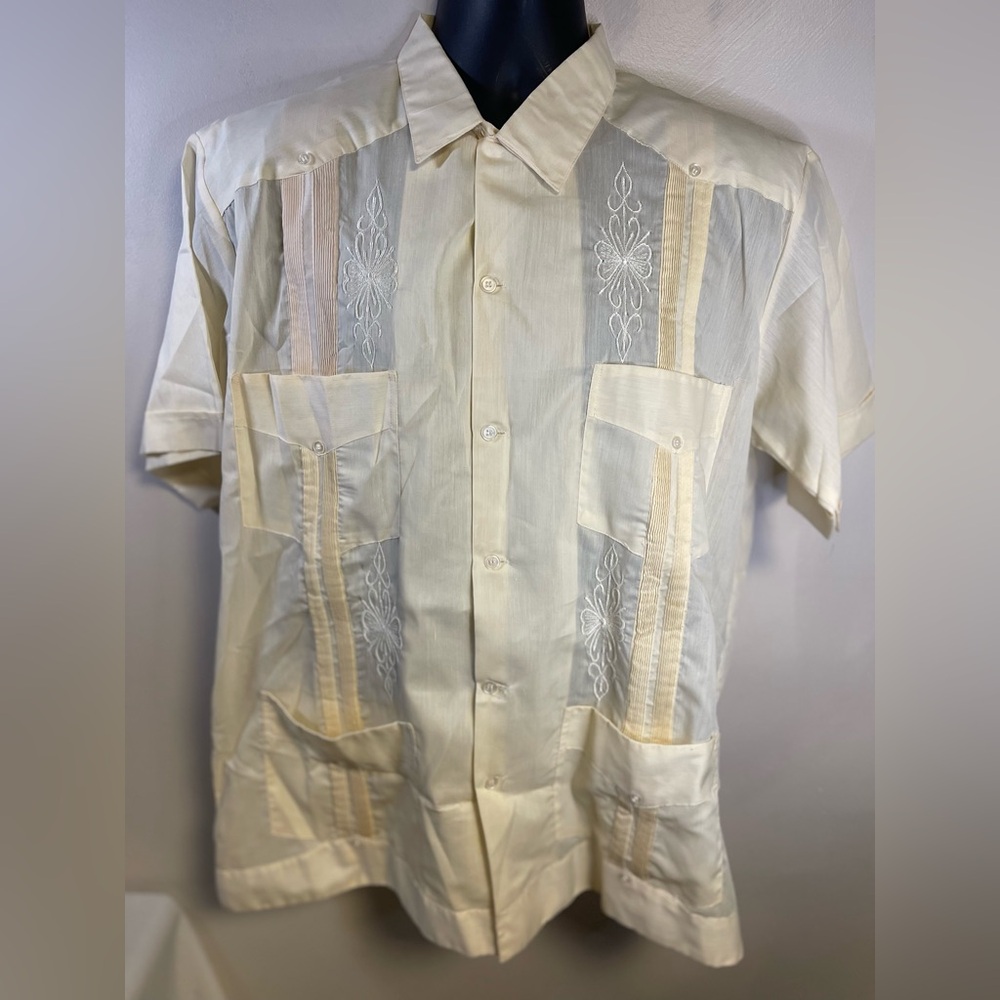 Guayaberas Yucatecas Campos Shirt Men’s XL White Beige Embroidered Cuban Cotton